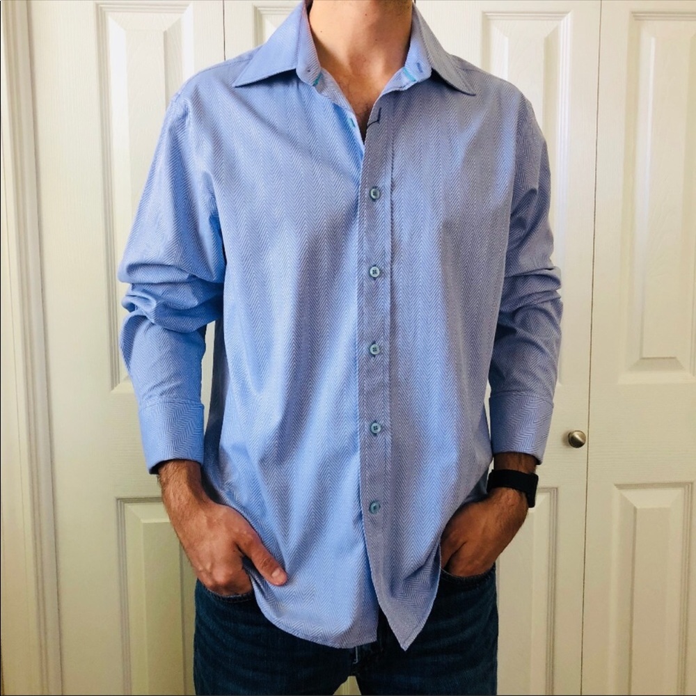 Marc Ecko Blue Herringbone Button Down Shirt Large - image 2